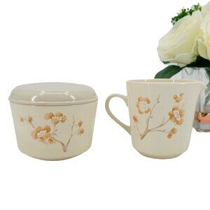 Vintage Corning Corner Stone Creamer Sugar Bowl & Lid Set Cherry Blossom Coffee
